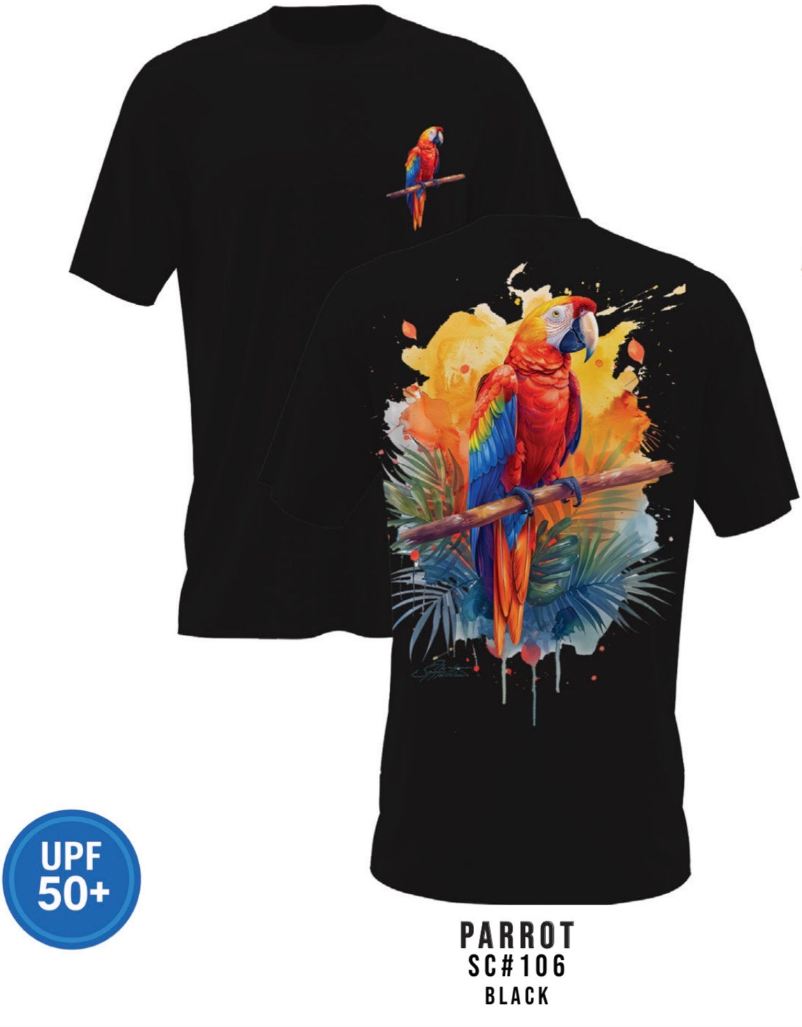 Black Ladies UPF 50+short sleeve Parrot design