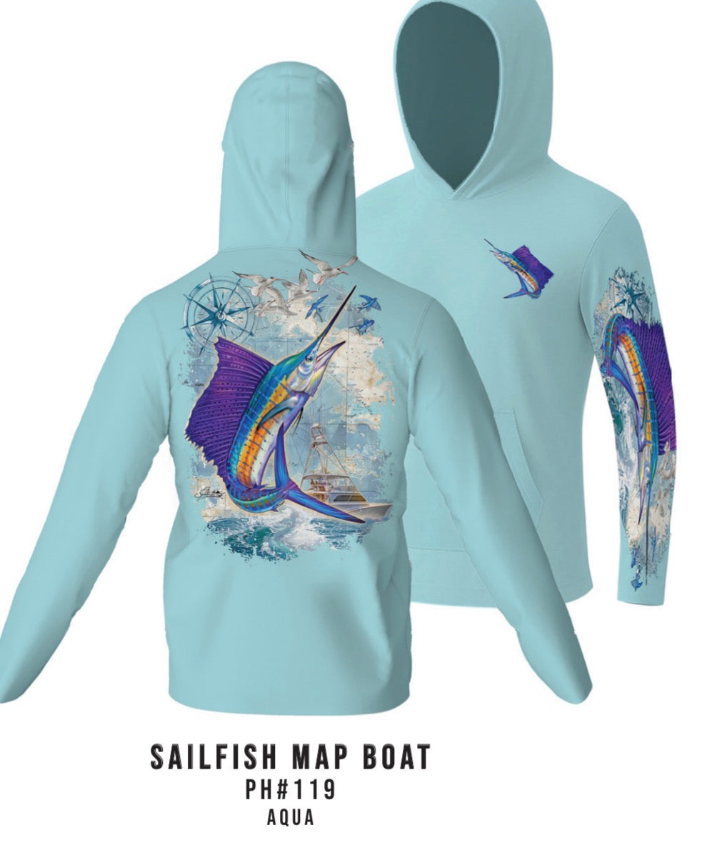 MEN'S UPF 50+ LONG SLEEVE / HOODED SAILFISH MAP BOAT