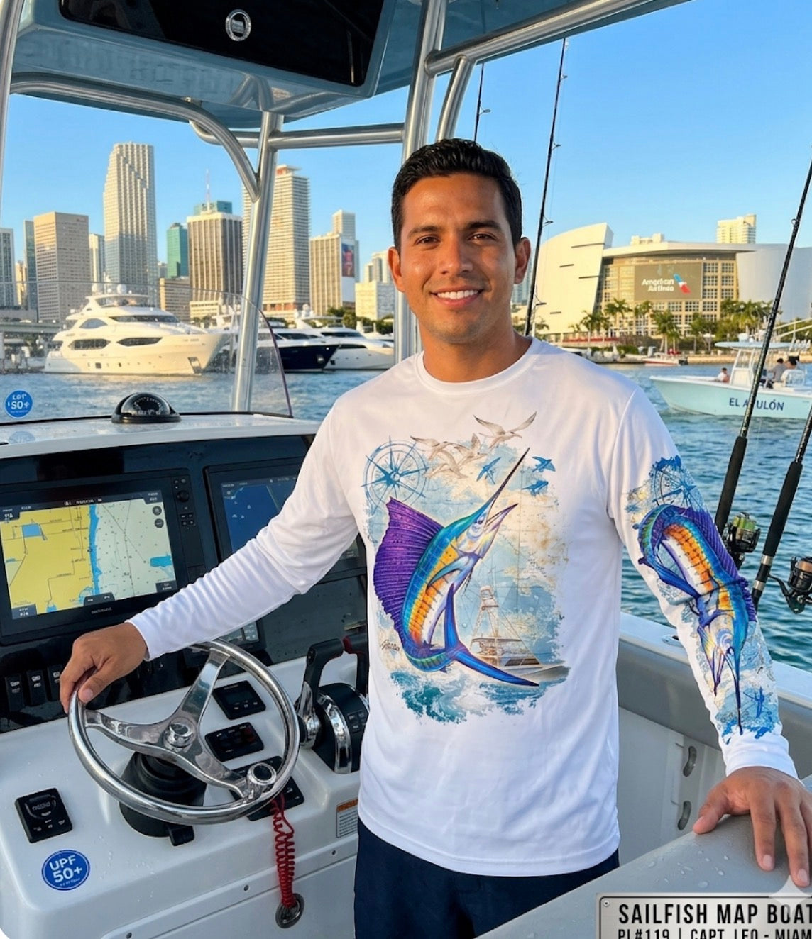 MEN'S UPF 50+ LONG SLEEVE / HOODED SAILFISH MAP BOAT