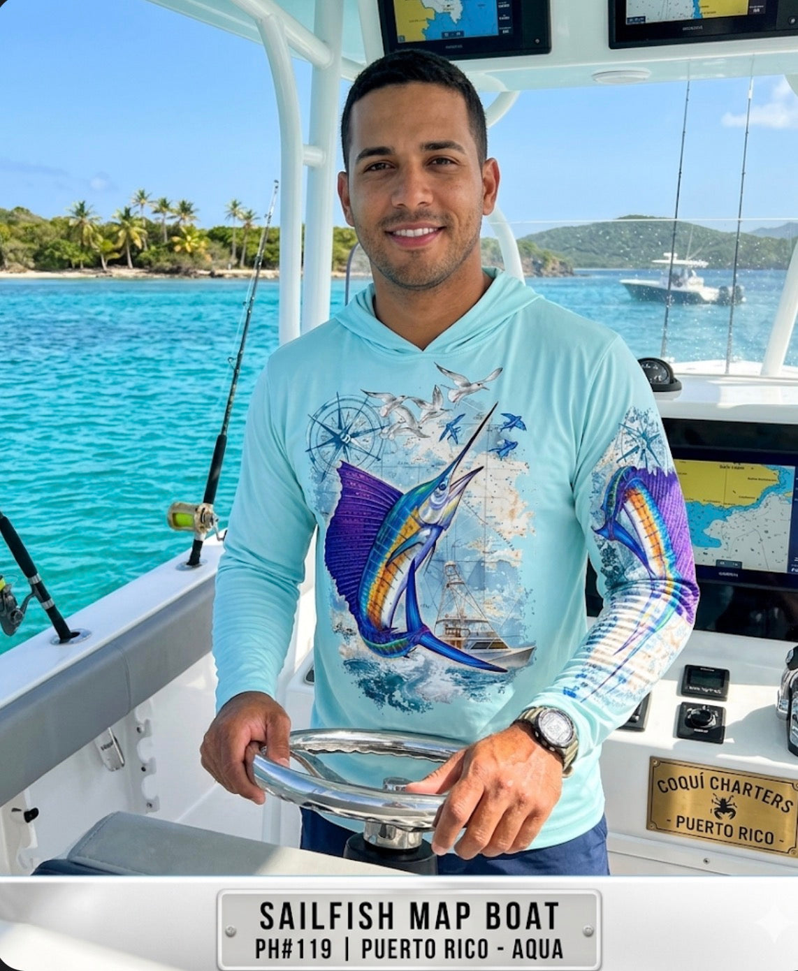 MEN'S UPF 50+ LONG SLEEVE / HOODED SAILFISH MAP BOAT