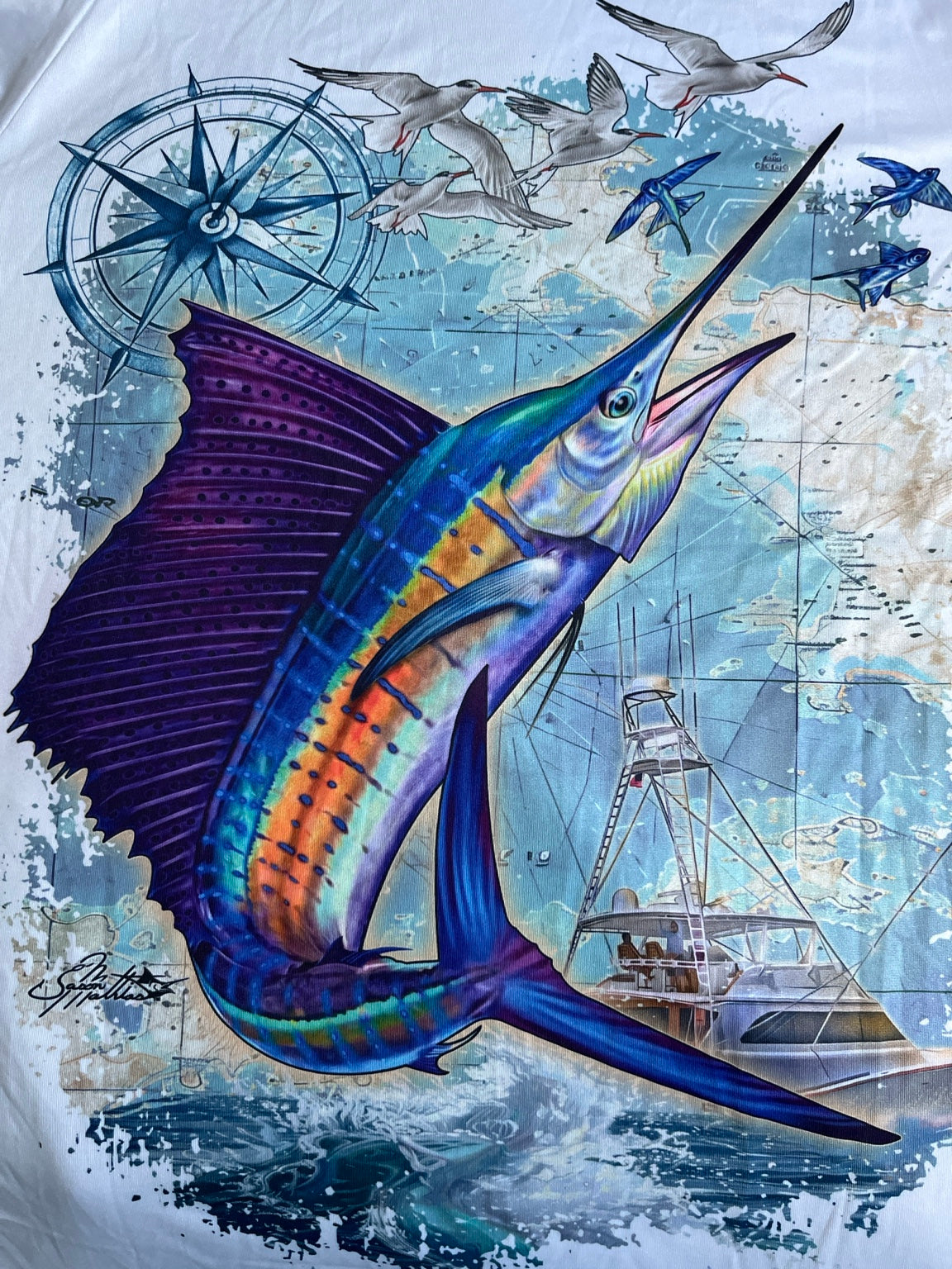 MEN'S UPF 50 + Hooded Sailfish  Map Boat Fishing Shirt - Long Sleeve 119